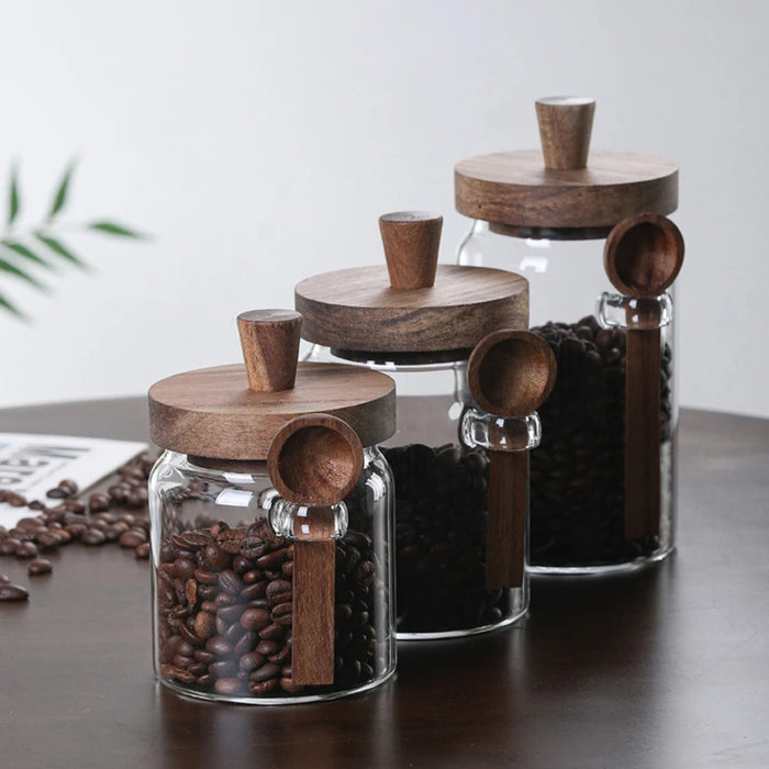 Glass Food Storage Jars with Wooden Lids & Scoop — Airtight Sealed Canisters for Sugar, Coffee, Candy