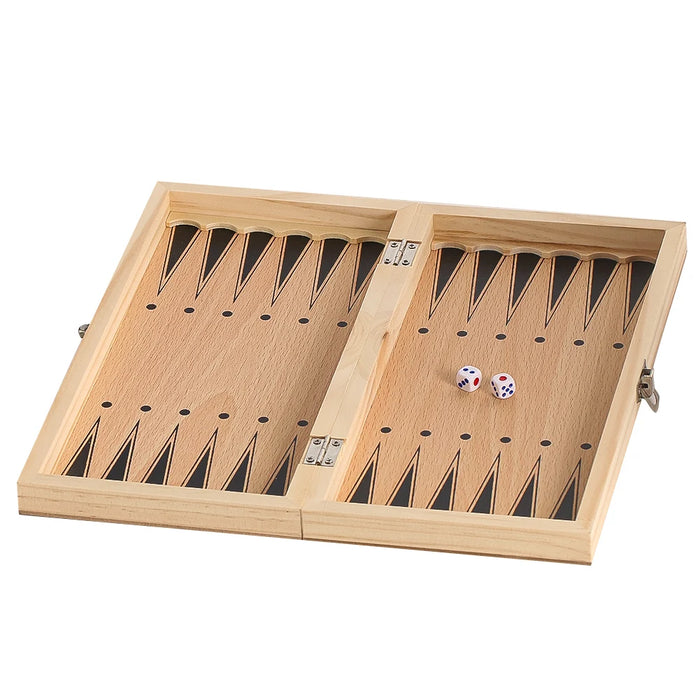 Wooden 3‑in‑1 Chess, Checkers & Backgammon Set – Foldable Travel Board