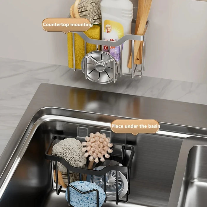 Sponge Holder for Kitchen Sink — Stainless Steel Sink Caddy with Adhesive Hook