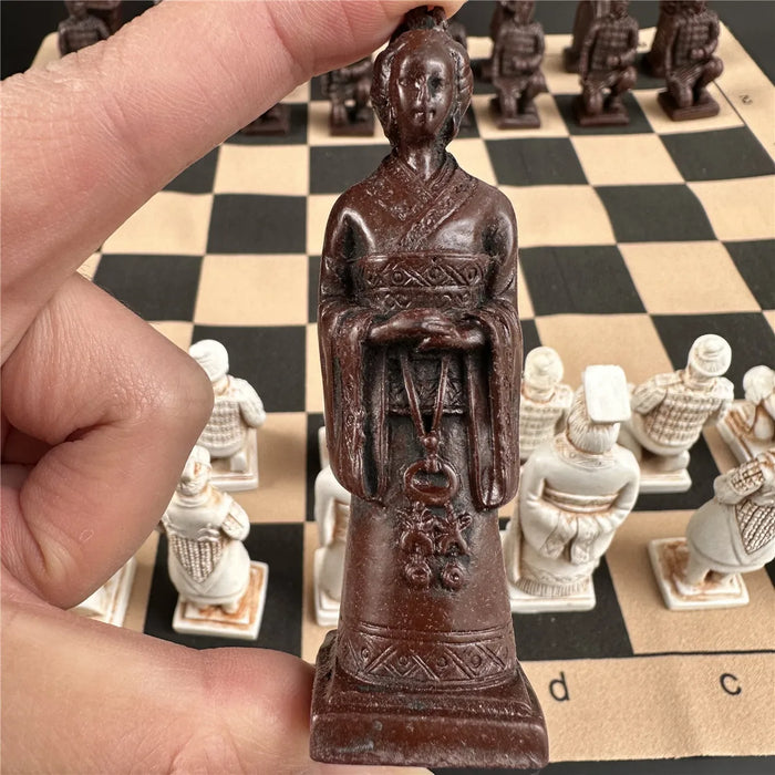 Large 43cm (16.93in) Imitation Terracotta Army Plastic Chess Set with Aged Leather-Effect Board