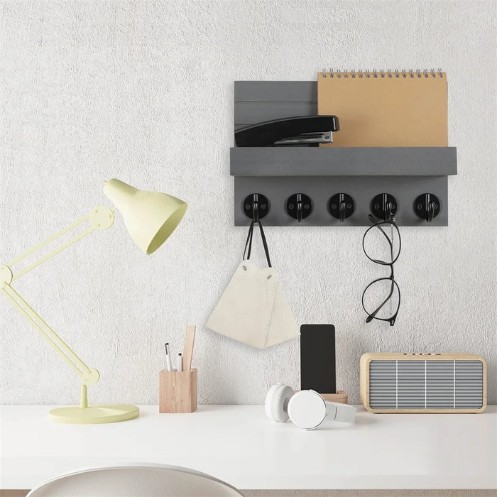 Wall-mounted Key and Mail Shelf with 5 Hooks - Wooden Entryway Rack