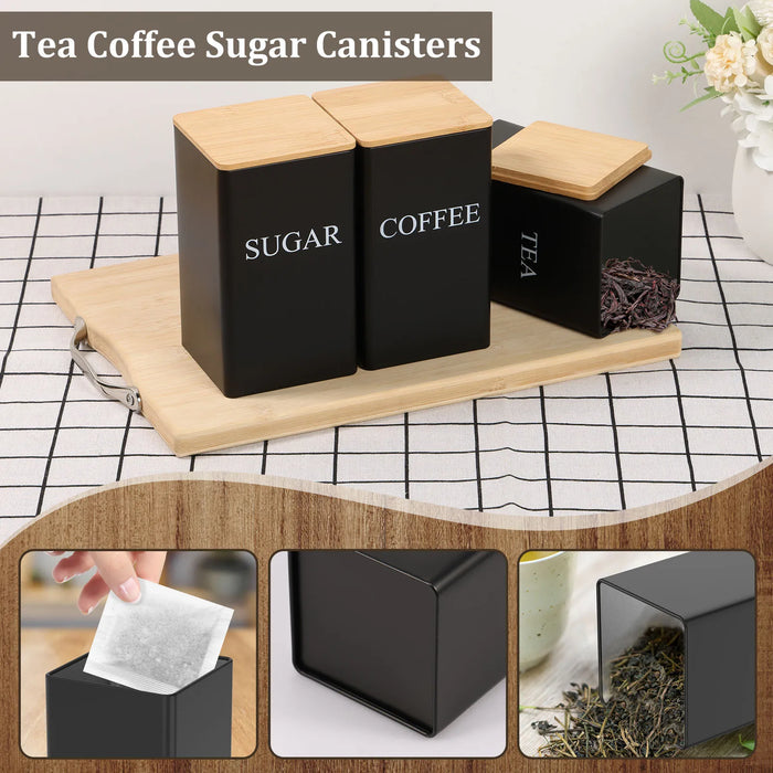 3‑Piece Coffee, Tea & Sugar Canister Set — Stainless Steel with Airtight Bamboo Lids