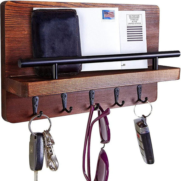 Rustic Wooden Wall-Mounted Organiser with Shelf and 7 Hooks