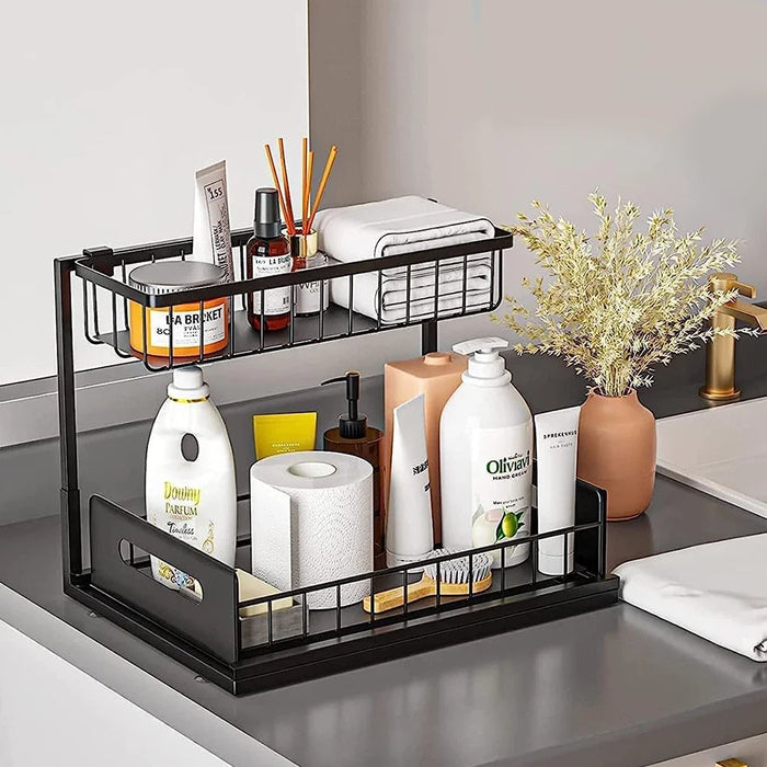 2-Tier Pull-Out Under-Sink Storage Rack – Sliding Cupboard Organiser
