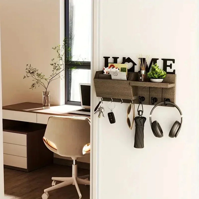 Rustic Wooden Wall-Mounted Organiser with Shelf and 7 Hooks