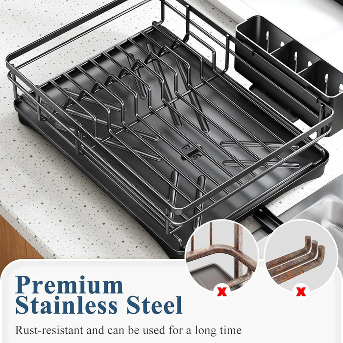 Large Rustproof Iron Dish Drying Rack with Drainboard and 3‑Slot Utensil Holder