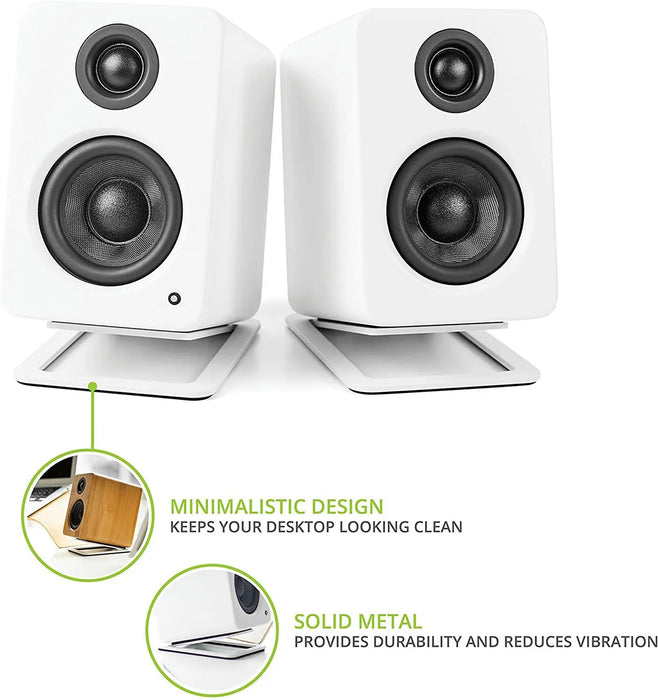 Pair of metal desktop speaker stands for 3–4 inch bookshelf speakers — white or black