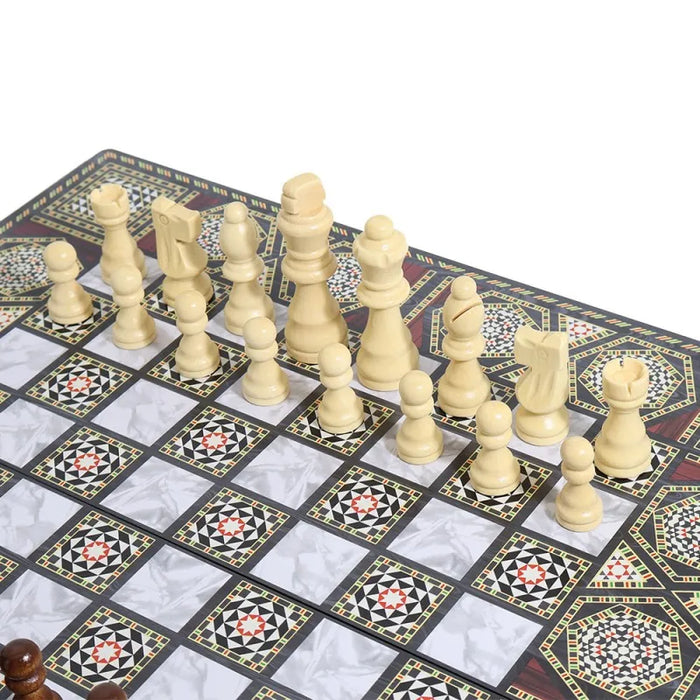 Luxury Knight 3-in-1 Wooden Foldable Game Board — Chess, Checkers & Backgammon