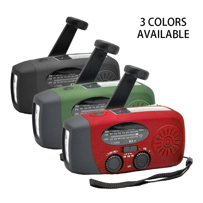 2000mAh Emergency Radio with 3-LED Torch, Solar & Hand-Crank Charging (FM/AM/WB)