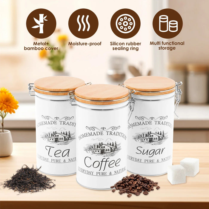 3‑Piece Metal Tea, Coffee & Sugar Canister Set with Bamboo Lids