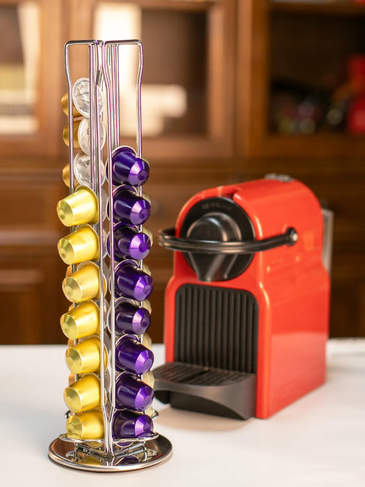 Silver Rotating Coffee Capsule Rack – 360° Base, Holds 40 Pods