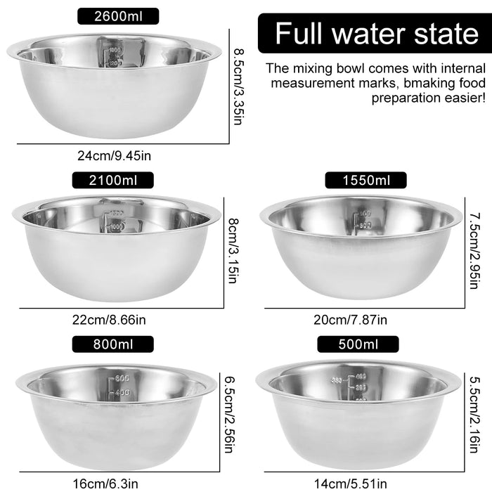 5-Piece Stainless Steel Nesting Mixing Bowl Set — 5 Sizes for Cooking, Baking & Storage
