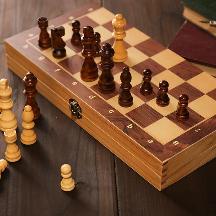 29 x 29 cm Foldable 3‑in‑1 Wooden Chess Set — Chess, Checkers & Backgammon, Non‑toxic