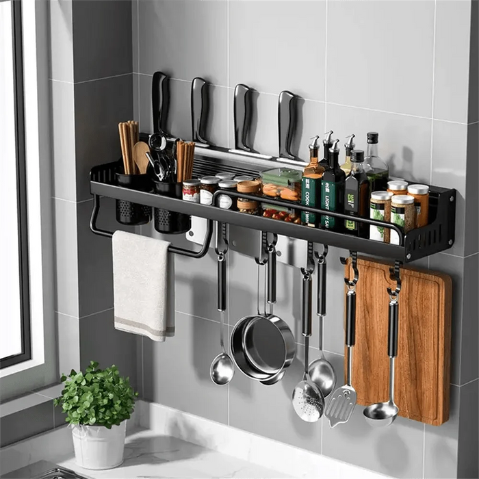 40cm Wall-Mounted Hanging Spice & Pot Rack — Black Metal Kitchen Shelf with Hooks