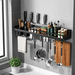 40cm Wall-Mounted Hanging Spice & Pot Rack — Black Metal Kitchen Shelf with Hooks