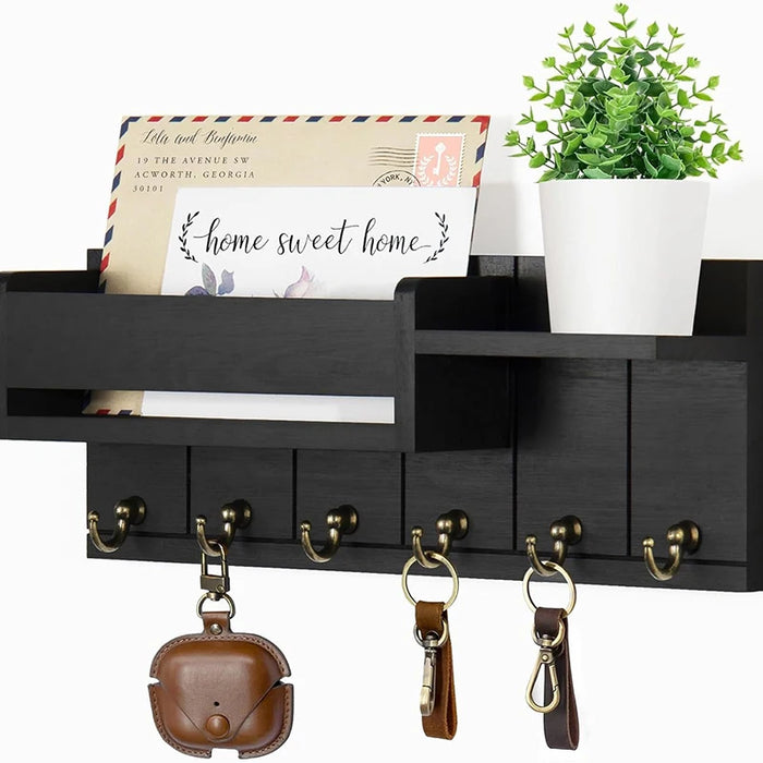 Wooden Wall-Mounted Key Rack & Mail Organiser — 6 Hooks