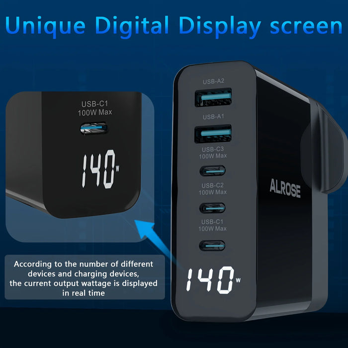 140W 5‑Port GaN USB‑C Charger with Display — Up to 100W Laptop Power, Quick Charge