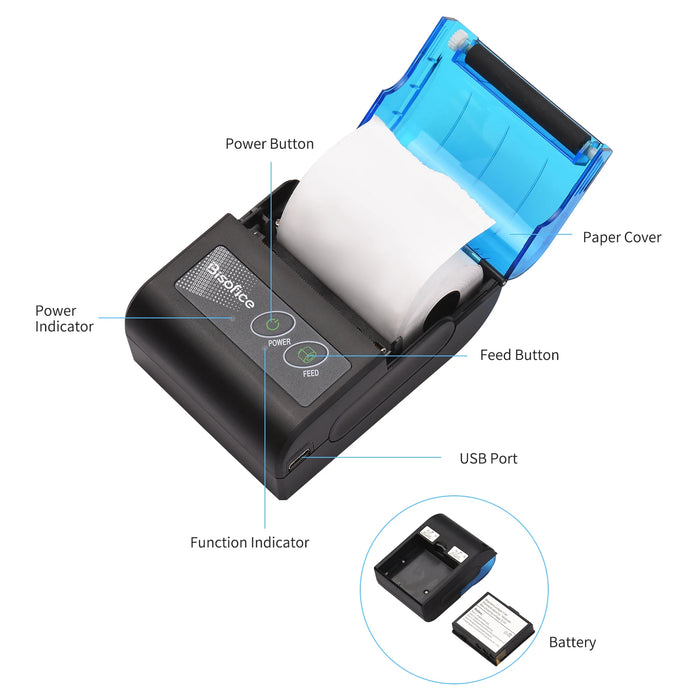 Portable Mini 2-inch Thermal Receipt Printer — Bluetooth & USB, 58mm for Restaurants & Retail