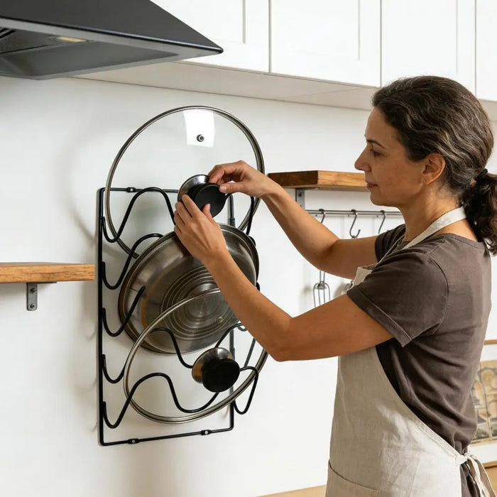 5-Tier Wall-Mounted Pot Lid Rack — Stainless Steel, Foldable, Space-Saving