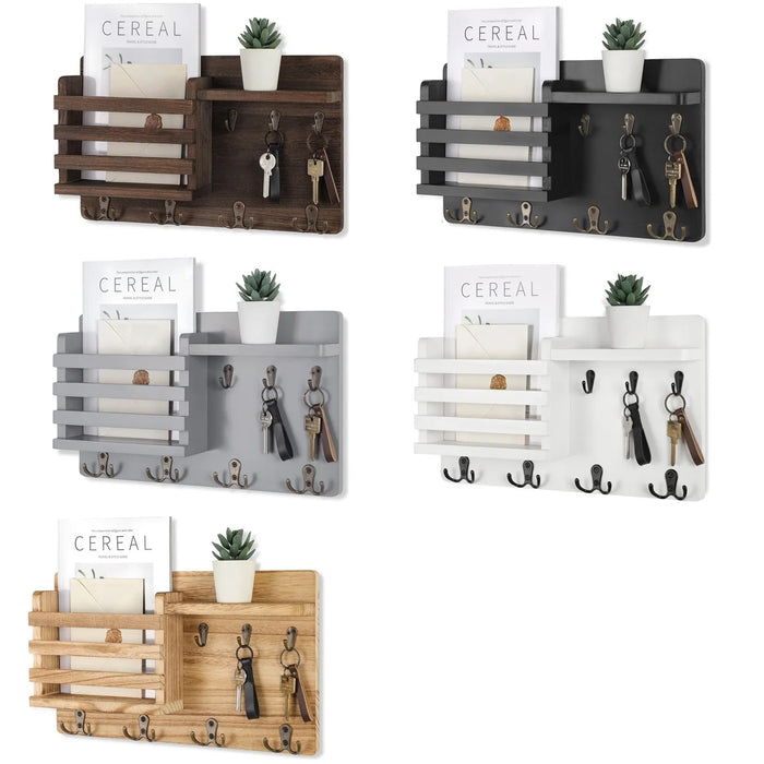 Rustic Wall-Mounted Mail Organiser with Key Hooks & Floating Shelf