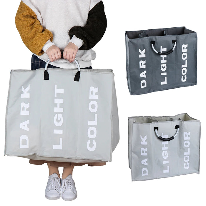 Foldable 3‑Section Laundry Hamper — Large Oxford Cloth with Aluminium Handle