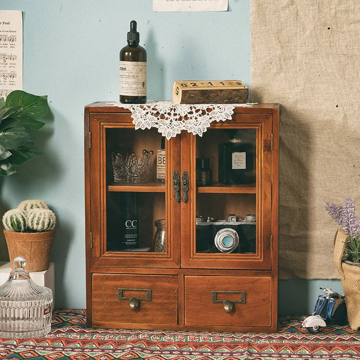 Nordic Solid Wood Retro Double-Door Display Cabinet — Desktop Storage for Cosmetics & Sundries