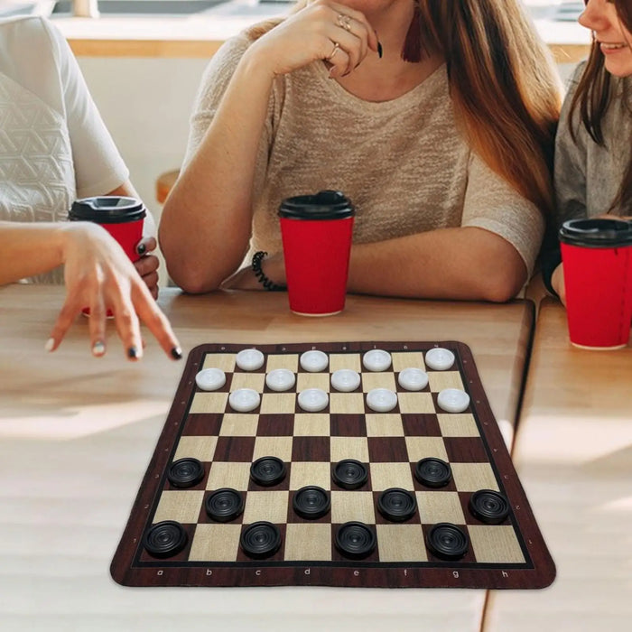 Portable Checkers Set – Wood-Grain Board (24 × 24 cm) with 24 Pieces