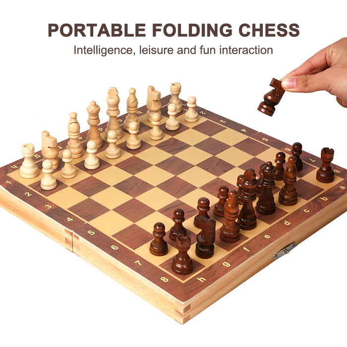 29x29cm Foldable 3‑in‑1 Wooden Chess, Checkers & Backgammon Board