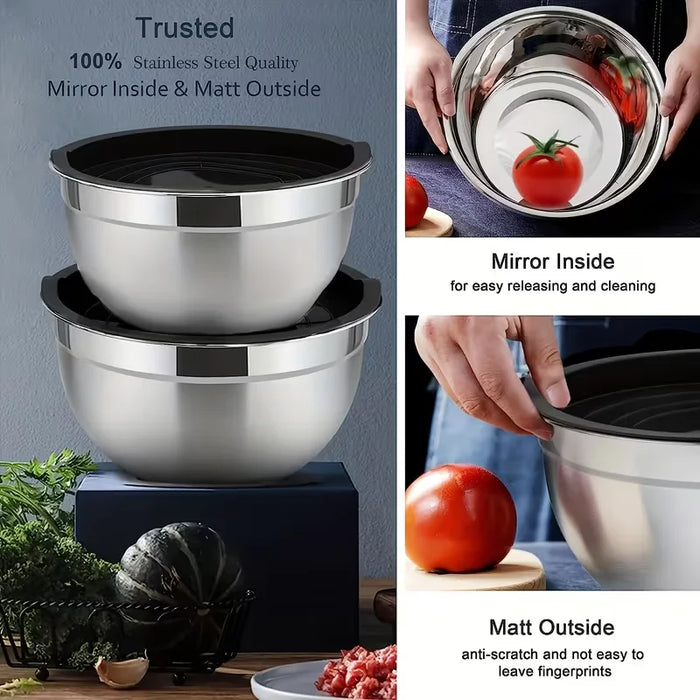 5-piece Stainless Steel Nesting Bowl Set with Sealing Lids — Mixing, Serving & Storage