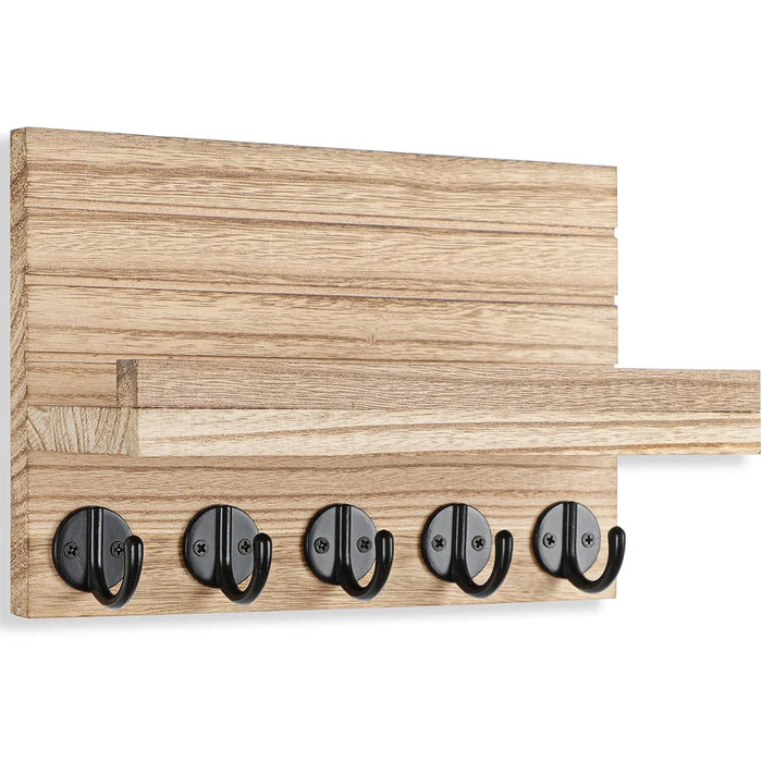 Wooden Wall-Mounted Key Holder with Mail Organiser | 5 Hooks (Dark Khaki/Black)