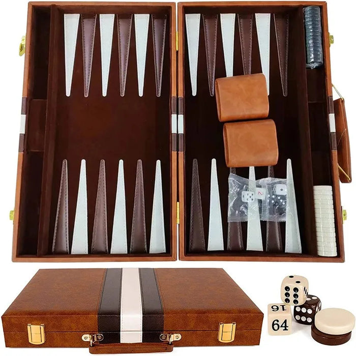 Classic 3‑in‑1 Backgammon Travel Set with Leather Case — Chess & Checkers (11/15/18 inch)