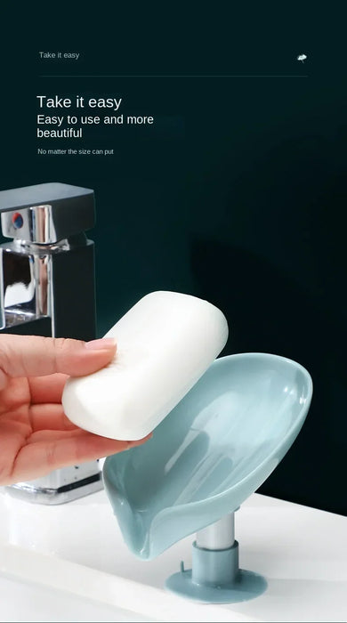 Leaf-Shaped Drain Soap Holder with Suction Cup – Grey Soap Box & Drying Rack (1pc)