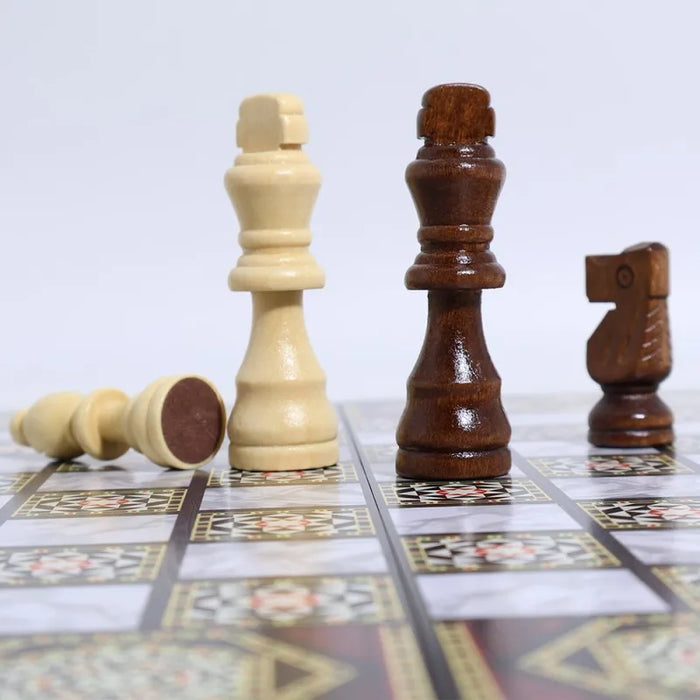 Luxury Knight 3-in-1 Wooden Foldable Game Board — Chess, Checkers & Backgammon