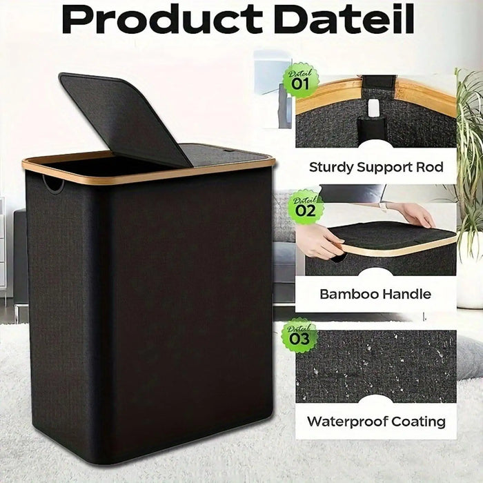 Foldable 2-Section Laundry Hamper with Lid — Bamboo Handles & Removable Bag