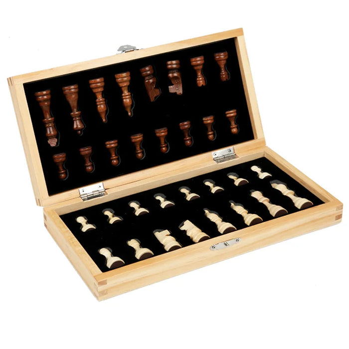 Magnetic Wooden Folding Chess Set with Felted 24 x 24 cm Board — 34 Pieces, Interior Storage