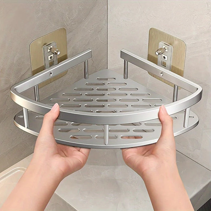 Tension-Mounted Stainless Steel Corner Shower Caddy — Single Tier