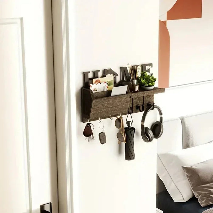 Rustic Wooden Wall-Mounted Organiser with Shelf and 7 Hooks