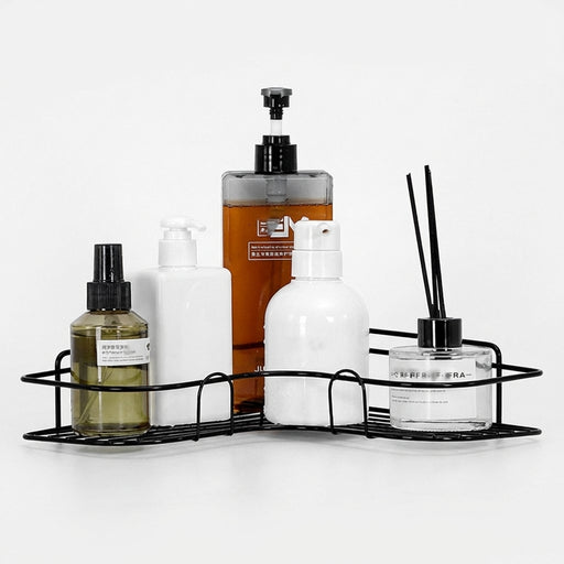 No‑Drill Black Metal Corner Bathroom Shelf — Wall‑Mounted Toilet Storage Rack