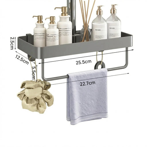 Punch-Free Shower Caddy (Single or Double) — Space Aluminium Shelf with Optional Towel Rail