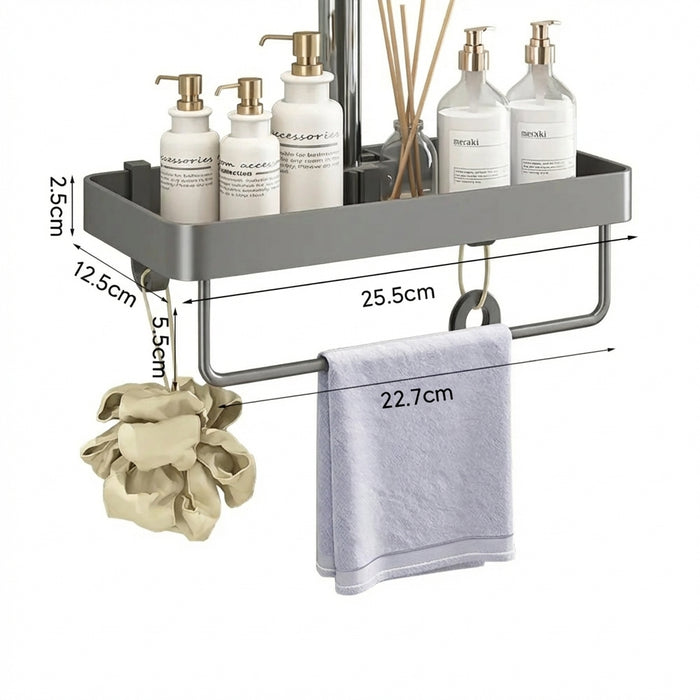 Punch-Free Shower Caddy (Single or Double) — Space Aluminium Shelf with Optional Towel Rail