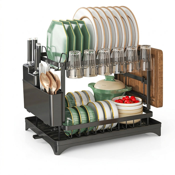 2-Tier Metal Dish Drainer with Draining Spout, Cutlery & Cup Holders