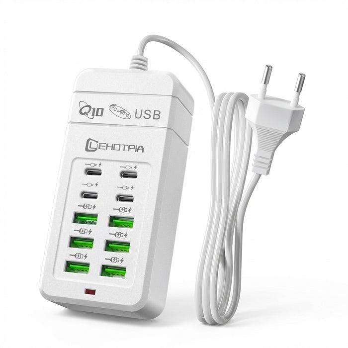 6x USB-A & 4x USB-C Multi‑Plug USB Charger with 1.2m Cord — EU/UK/US