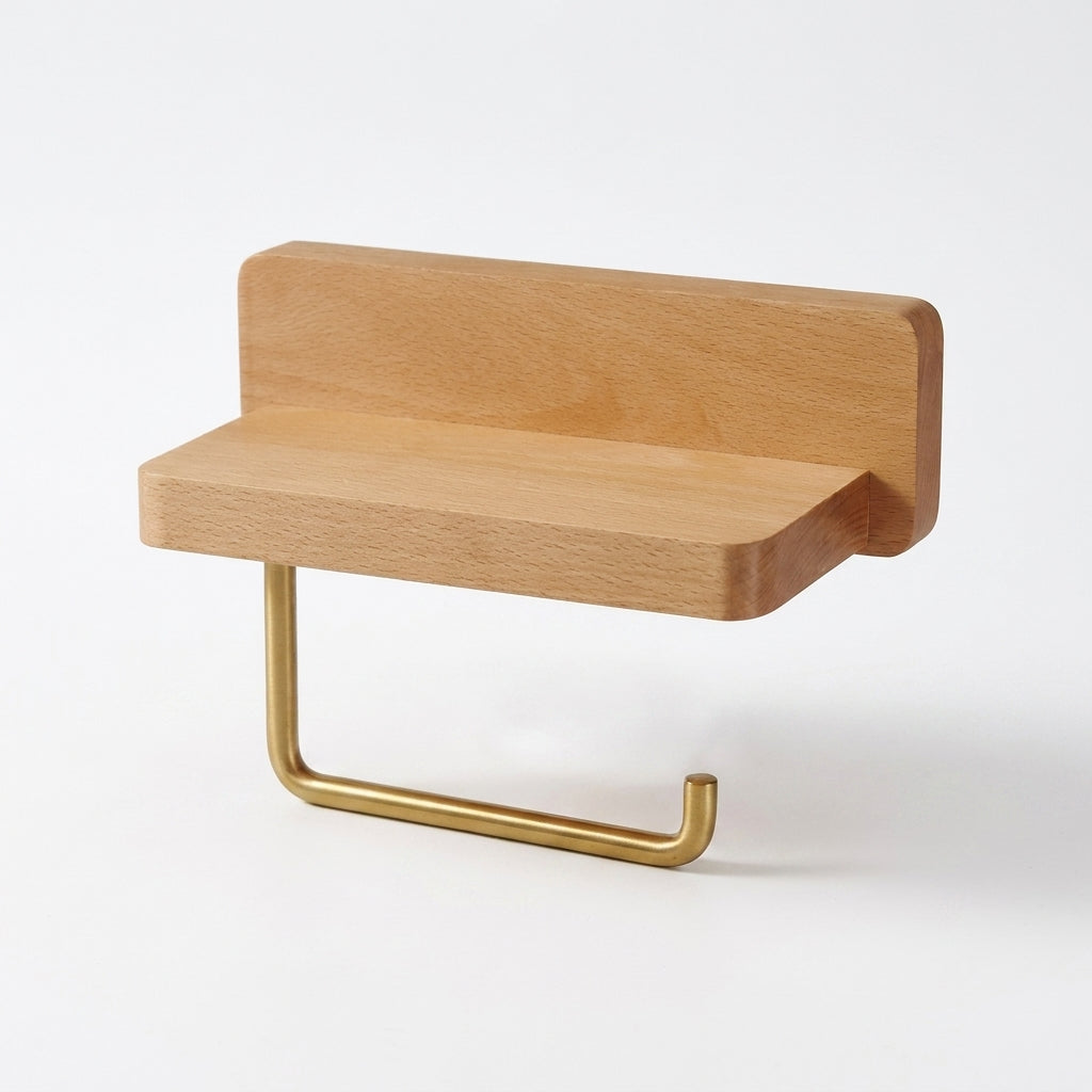 Wall-Mounted Toilet Roll Holder with Shelf — Brass & Wood, Stainless Steel