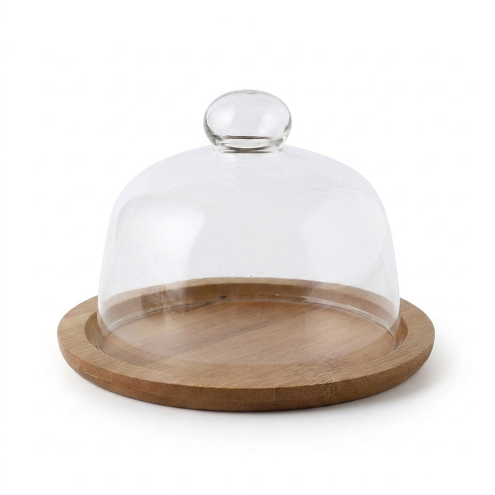 Wooden Cake Stand with Transparent Dome — Dessert Plate & Cupcake Display (Turntable)