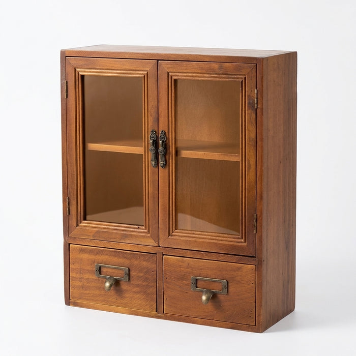 Nordic Solid Wood Retro Double-Door Display Cabinet — Desktop Storage for Cosmetics & Sundries