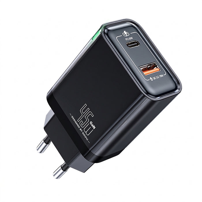 QOOVI 65W GaN 3‑Port Charger – USB‑C PD & Quick Charge 4.0, 2x USB‑C + USB‑A