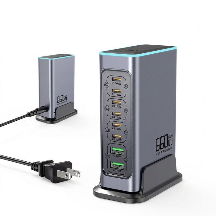 660W GaN 8-Port Desktop Charger — 100W USB‑C PD & Quick Charge 3.0