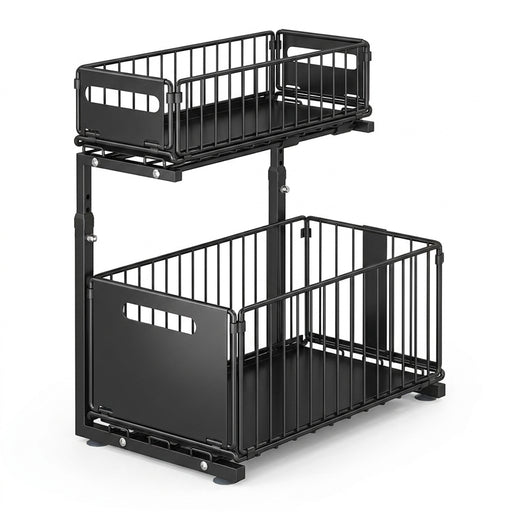2-Tier Under-Sink Pull-Out Organiser — Adjustable Height Thickened Metal Sliding Drawers (Black or White)