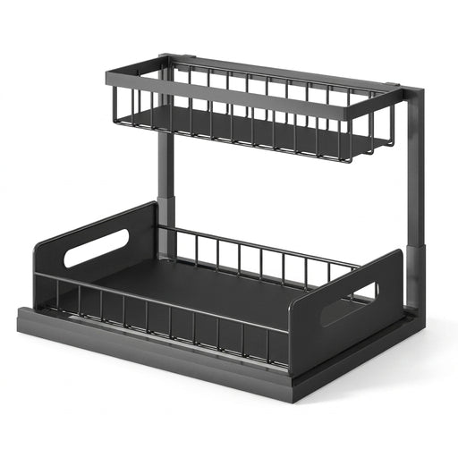 Under-sink Pull-out Metal Organiser — Sliding Storage Shelf for Kitchen (Black/White)
