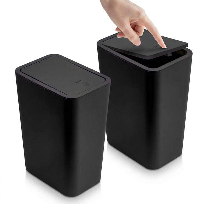 10L Slim Bathroom Bin with Press-Top Lid - Compact Plastic Wastebasket for Toilet, Bedroom & Living Room